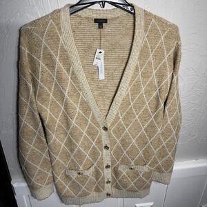 NWT Woman's Medium Talbots Sequin Argyle VNeck Gold Sparkle Wool Blend Cardigan